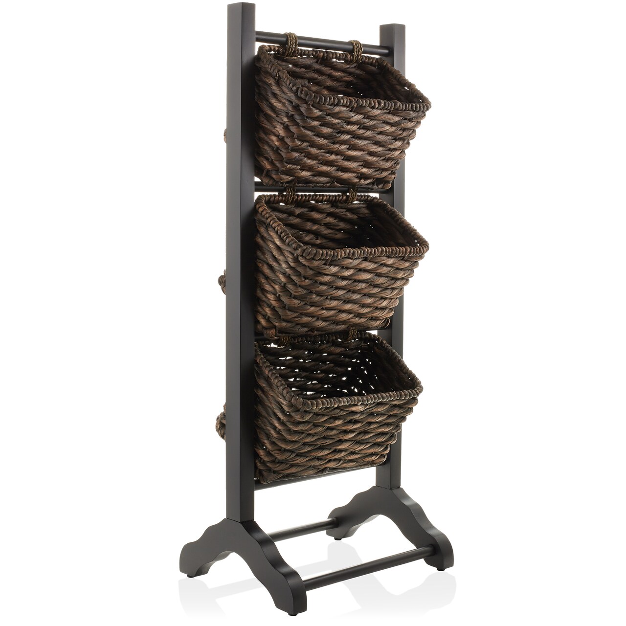 Casafield 3-Tier Floor Stand with Water Hyacinth Storage Baskets - Standing Organizer Rack for Bathroom, Kitchen, Laundry, Living Room